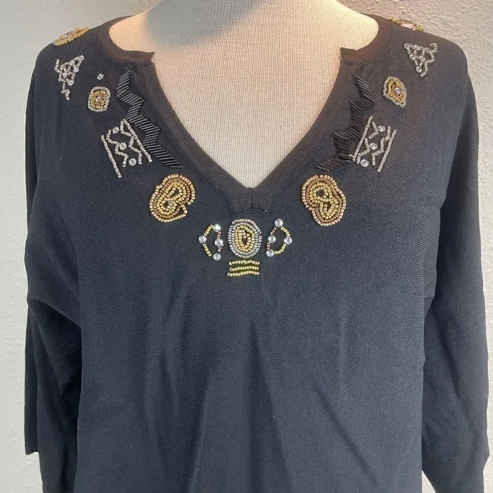 Multiples Black 3/4 Sleeve Beaded Blouse Top EUC